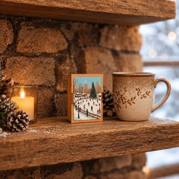 Christmas Ice Skating mini jigsaw wooden box beside a mug