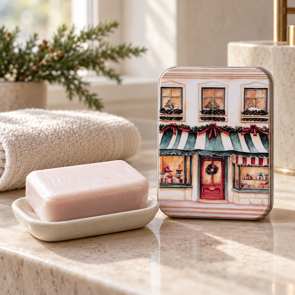 Christmas Shopfront soap gift tin and pale pink soap bar on a light stone bathroom counter