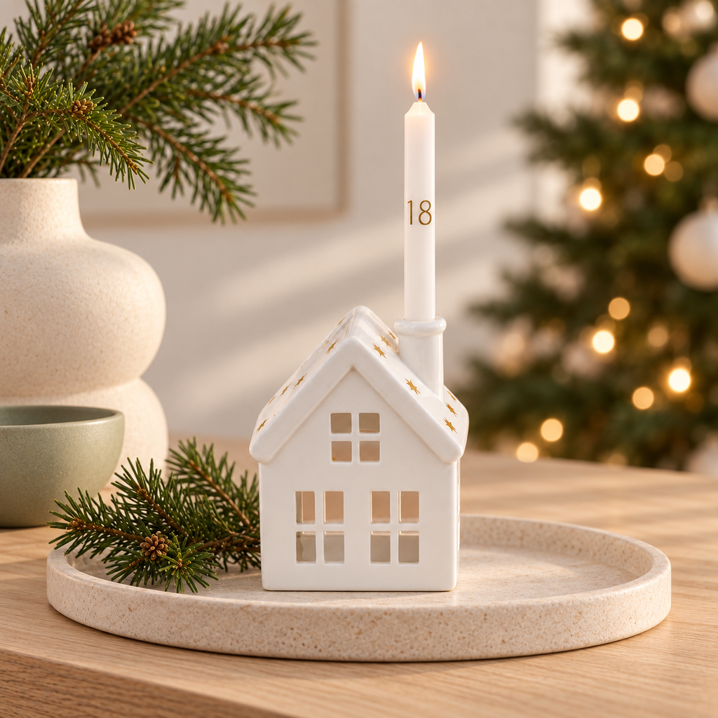Starlit Cottage Advent Candle Set in a contemporary Christmas setting
