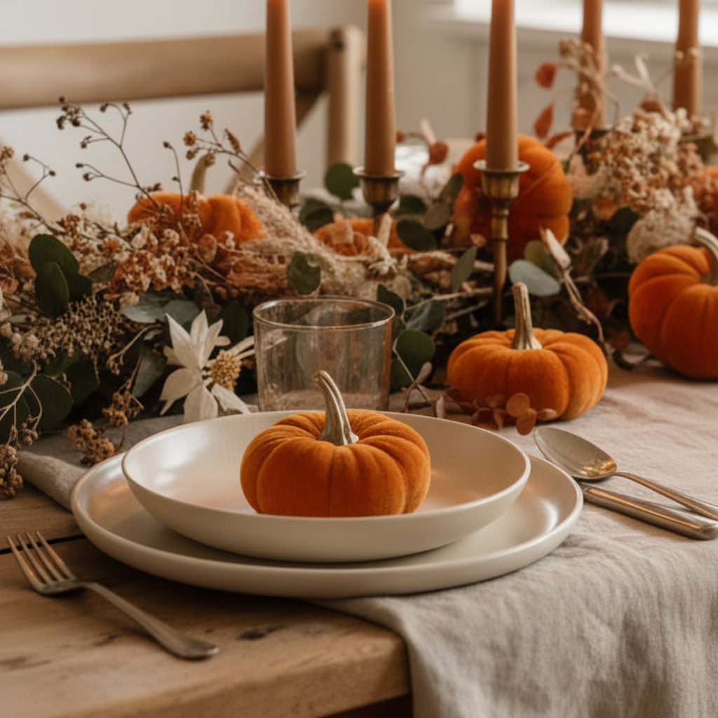 An orange plush velvet decorative pumpkin with a metallic gold stem, isolated on a white background.