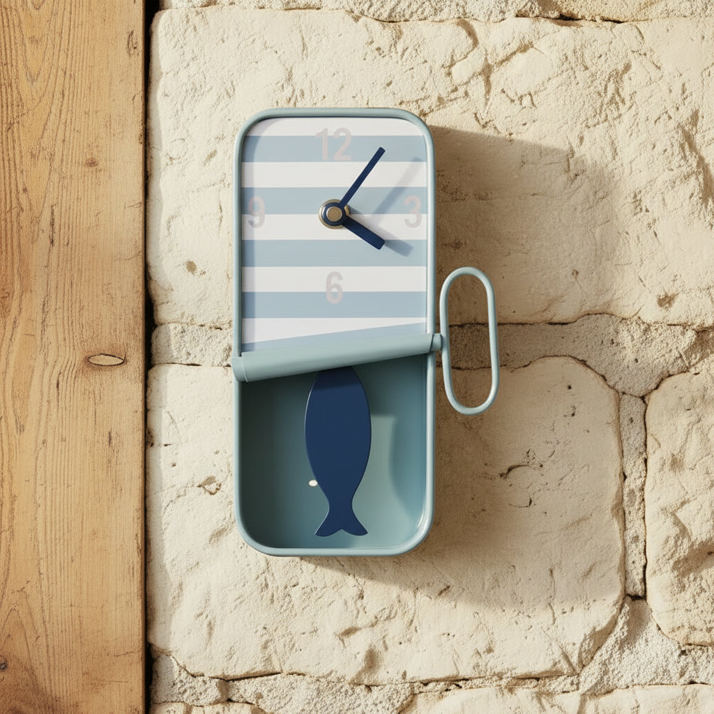 Blue and white striped clock with a fish design on a white background