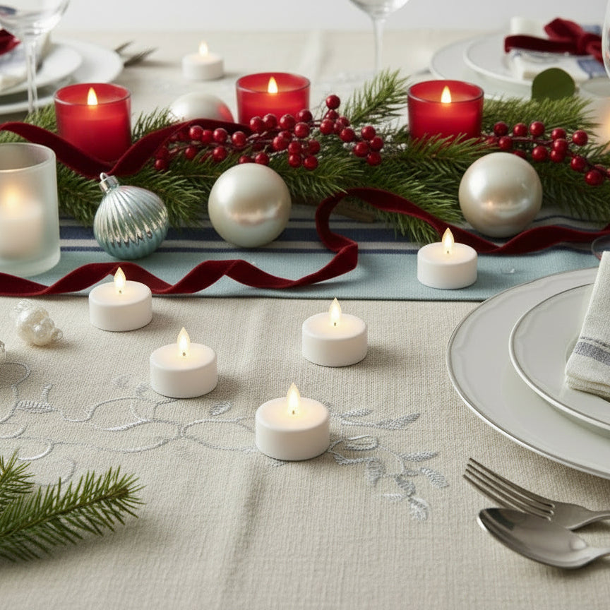 Pack of LED flameless tea lights with 'Festive' label on black packaging.