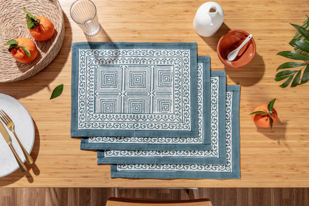 Dark Blue Block Printed Geo Placemats - Set of 4 - Distinctly Living