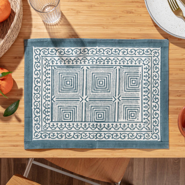 Dark Blue Block Printed Geo Placemats - Set of 4 - Distinctly Living