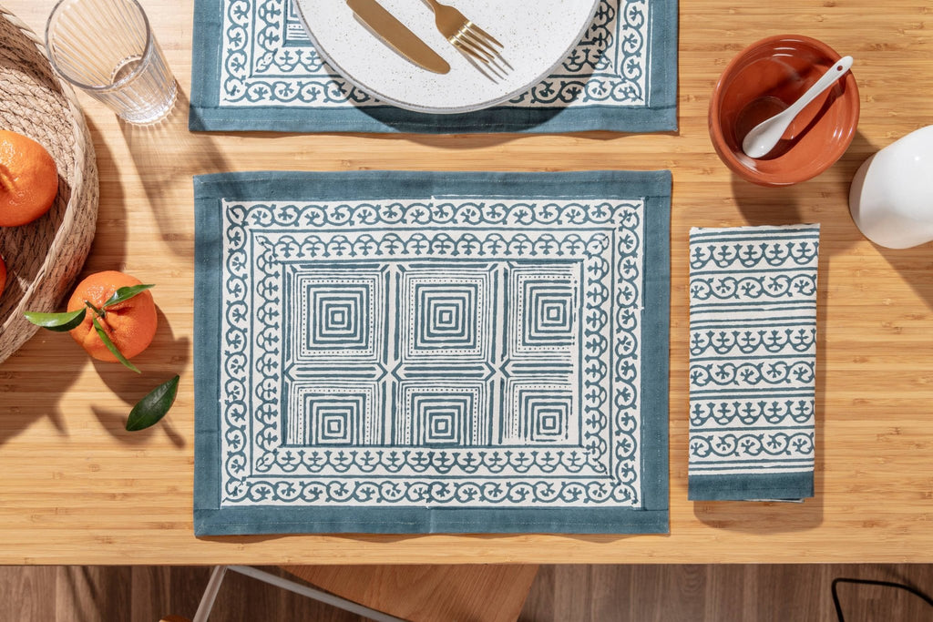 Dark Blue Block Printed Geo Placemats - Set of 4 - Distinctly Living
