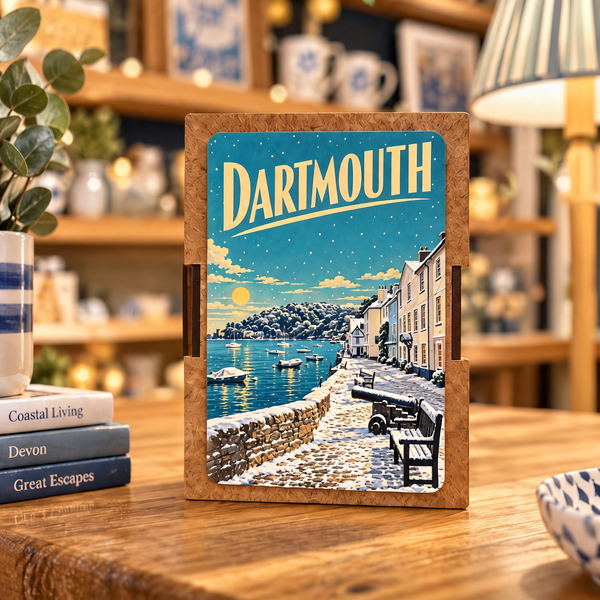Snowy Dartmouth mini wooden jigsaw keepsake box with its winter Bayard's Cove illustration