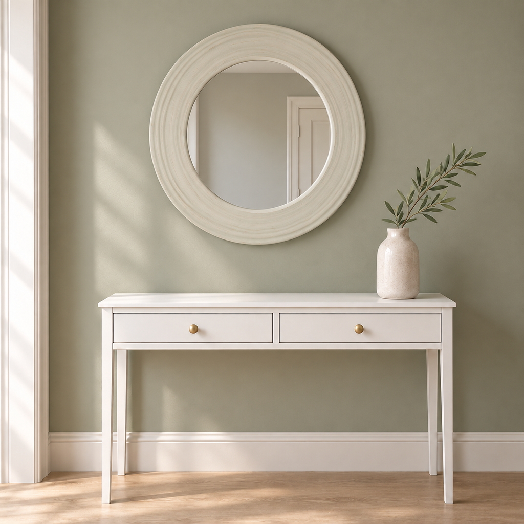 Clifton round ivory mirror above a white Amerlie console against a sage painted wall