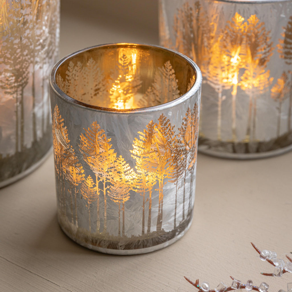 Deco Luxe Silver Etched Tree Candle Holder Set 3