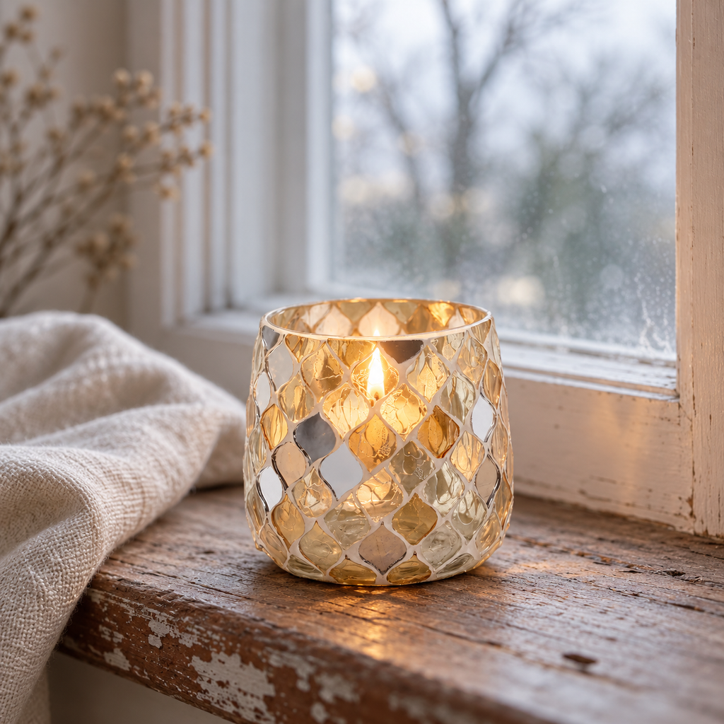 Estelle champagne mosaic tealight holder glowing on a rustic windowsill