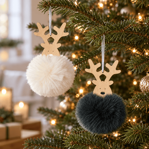 Fluffy Pom Pom Hanging Reindeer - Grey or White - Distinctly Living