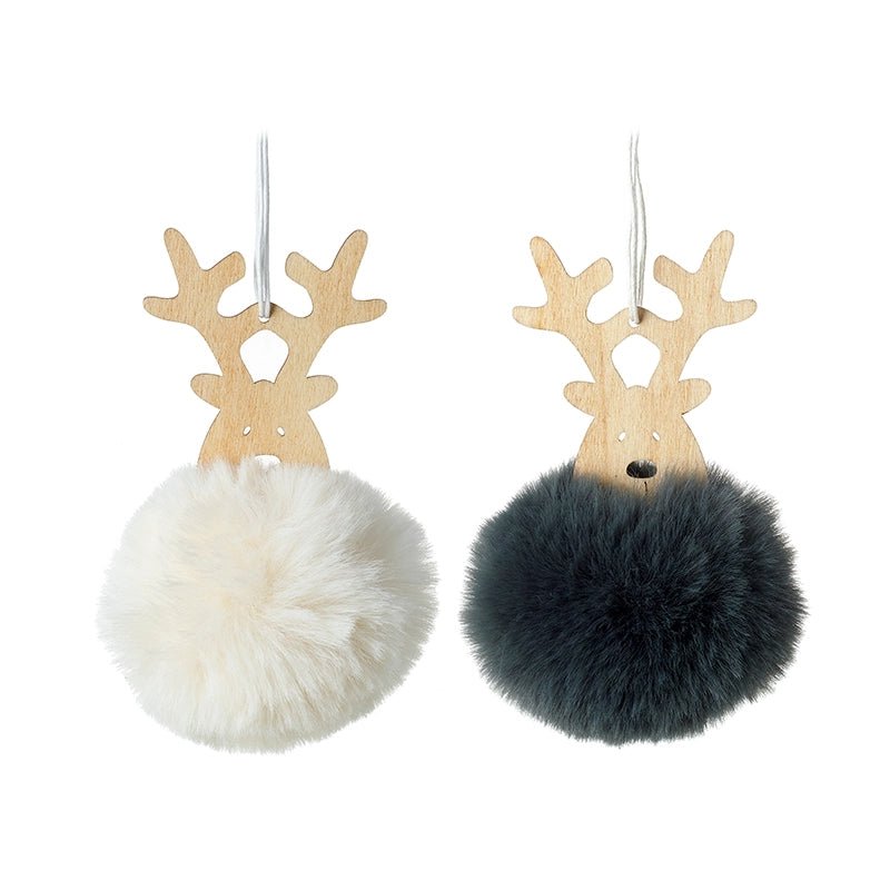 Fluffy Pom Pom Hanging Reindeer - Grey or White - Distinctly Living
