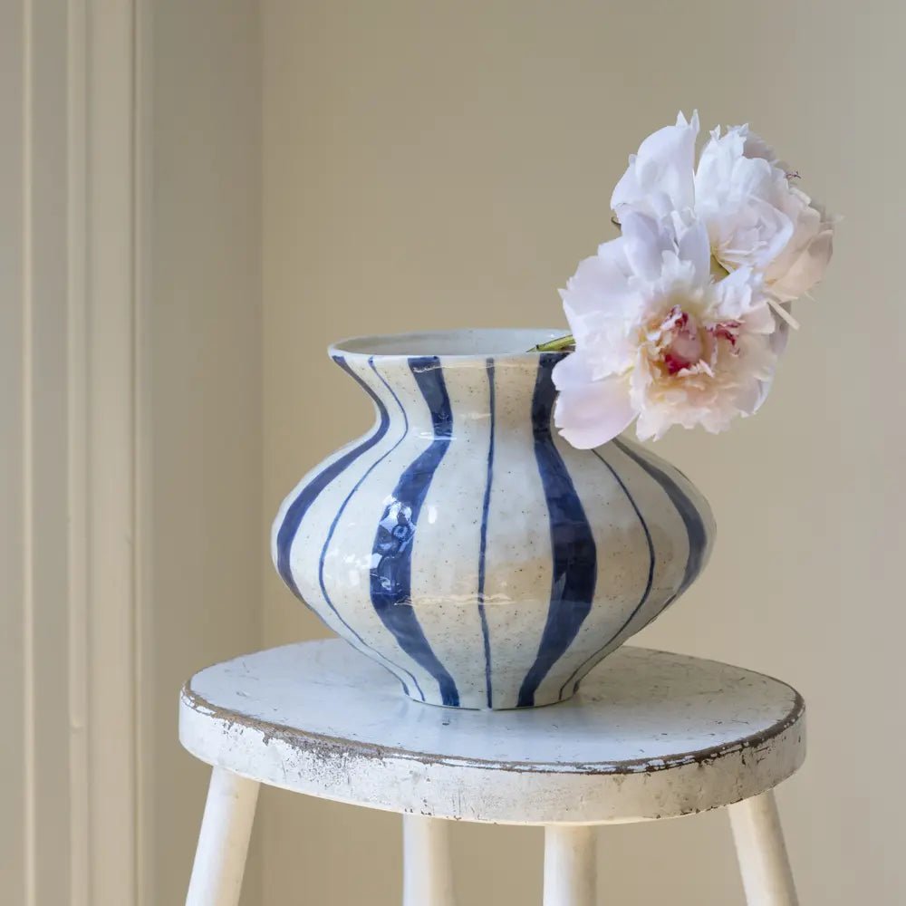 Fluted Neck Blue Stripe Vase - Distinctly Living