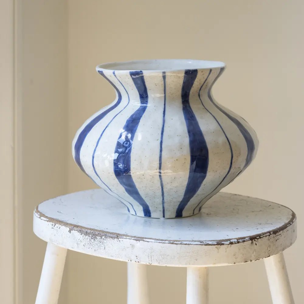 Fluted Neck Blue Stripe Vase - Distinctly Living