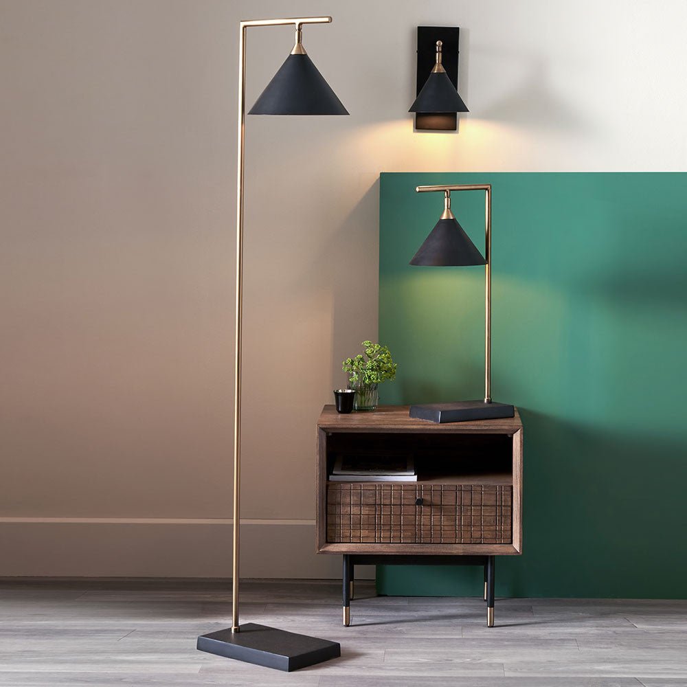 Gela Matt Black and Antique Brass Floor Lamp - Distinctly Living