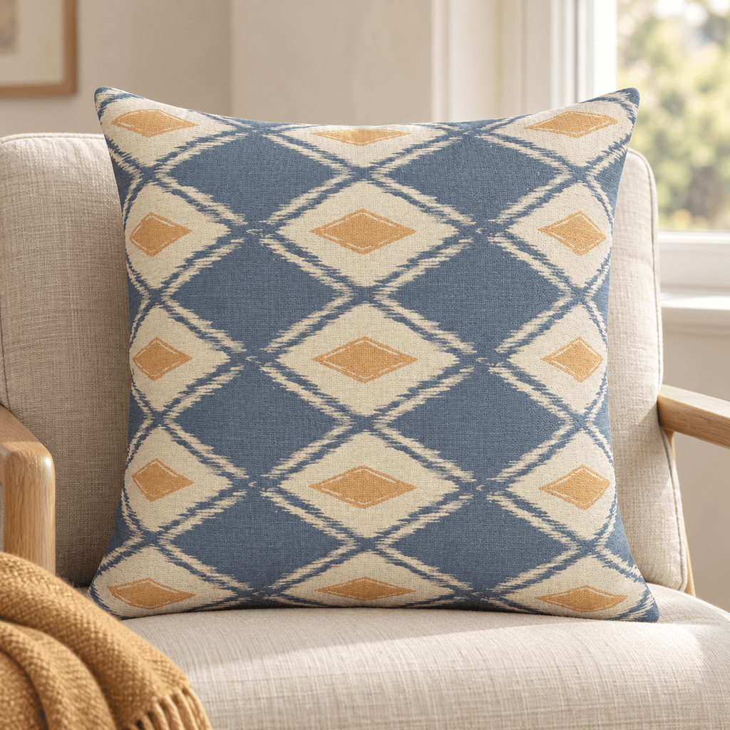 Geometric Blue Ikat Cushion - Distinctly Living