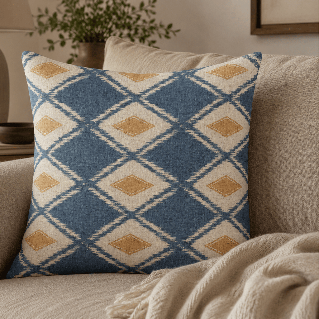 Geometric Blue Ikat Cushion - Distinctly Living