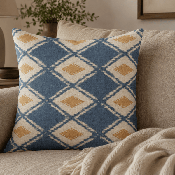 Geometric Blue Ikat Cushion - Distinctly Living