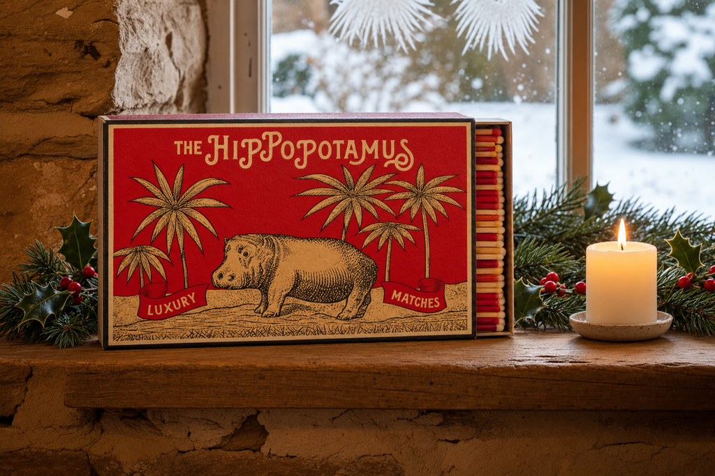 Giant Matches - Hippo, a giant 30 × 19 × 6 cm matchbox beside a small ivory candle on a winter cottage windowsill
