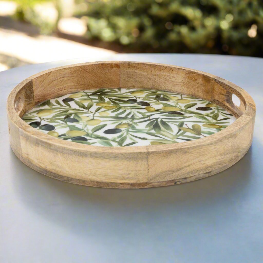 Handcrafted Round Tray Mango Wood - Olives 30cm 2PK - Distinctly Living