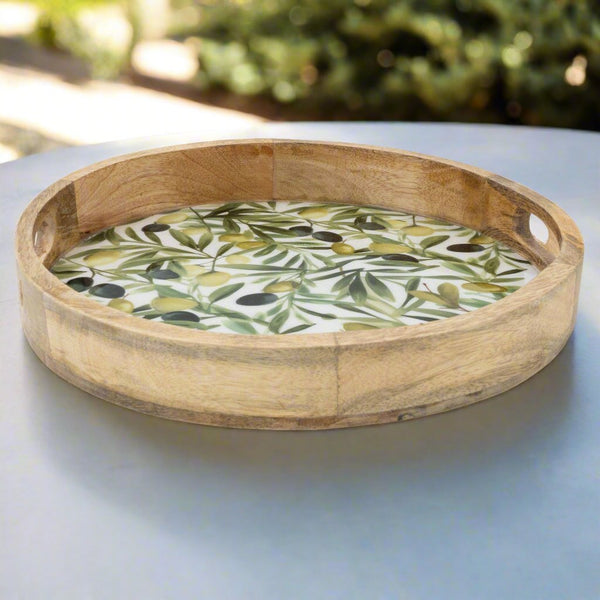 Handcrafted Round Tray Mango Wood - Olives 30cm 2PK - Distinctly Living
