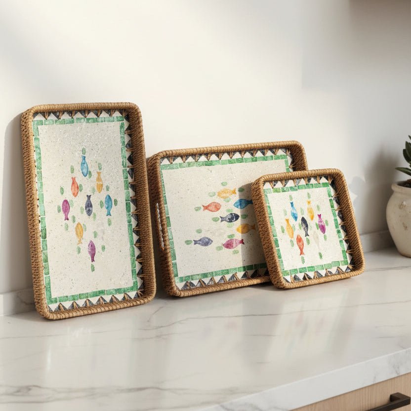 Handmade Rattan & Mother-of-Pearl Tray Set - 3 Sizes - Distinctly Living