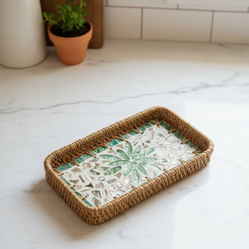 Handwoven Rattan Shell Tray - Green Flower - Distinctly Living
