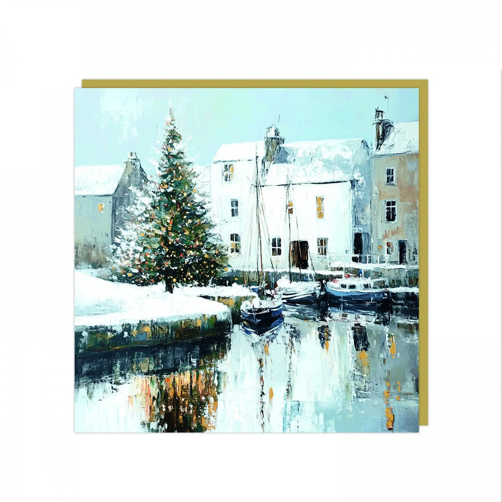 Harbour Reflections Christmas Card original artwork and gold envelope