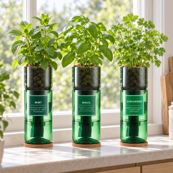 Hydroponic Herb Kit - Mint, Basil, Coriander, Rocket or Rosemary - Recycled Wine Bottles - Distinctly Living