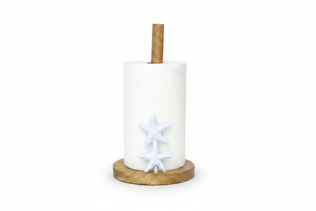 Starfish Kitchen Towel Holder on mango wood base with white starfish details