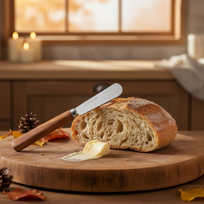 Acacia wood handle butter knife lifestyle shot on autumn cheese board