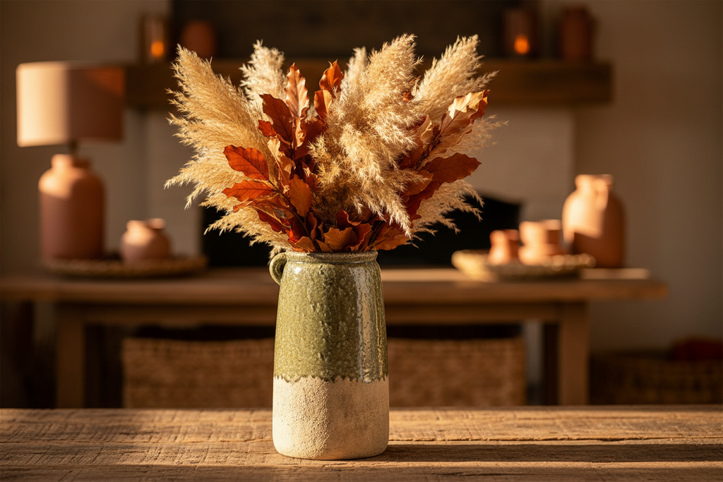 Lifestyle shot of olive green ceramic jug vase styled with dried autumnal stems