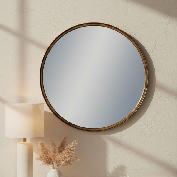 Round antique gold wall mirror styled above a marble console table in a neutral interior