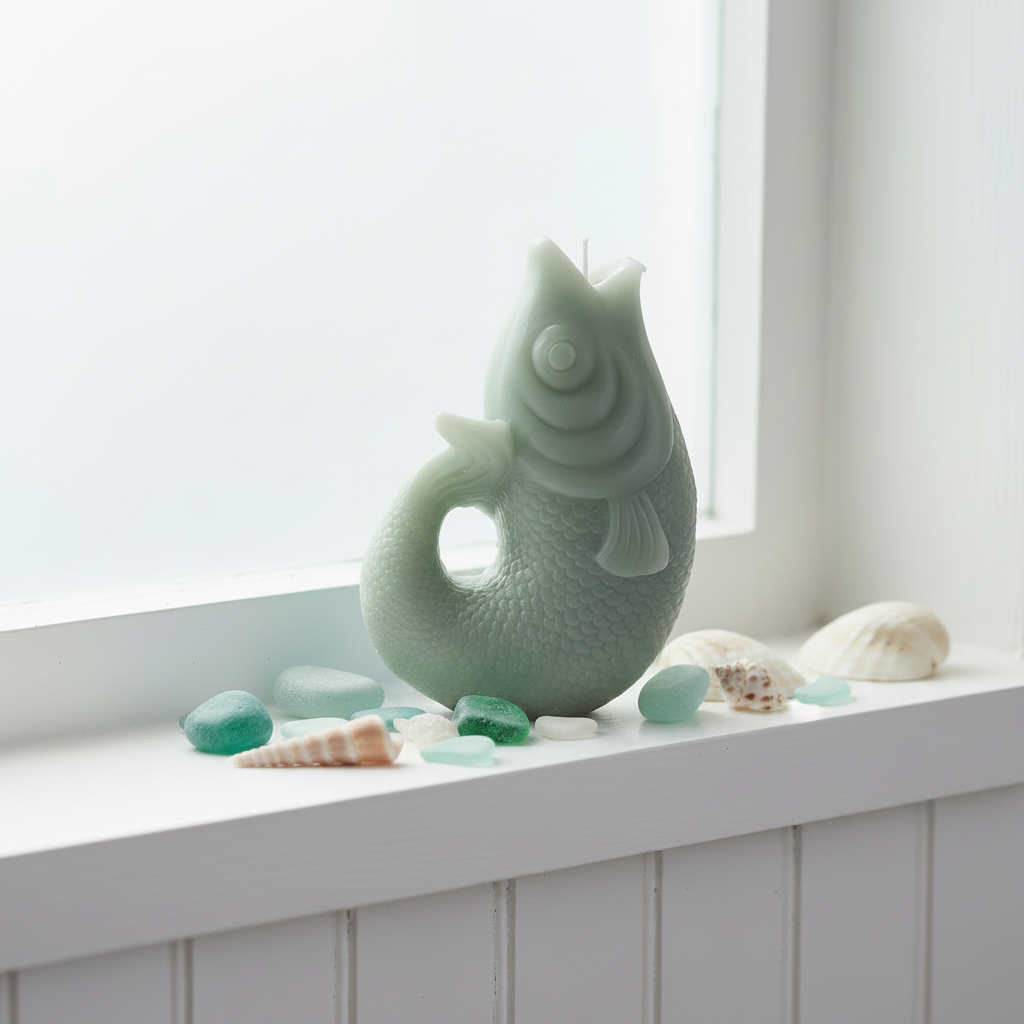 Sea green fish candle standing on coastal bathroom window ledge
