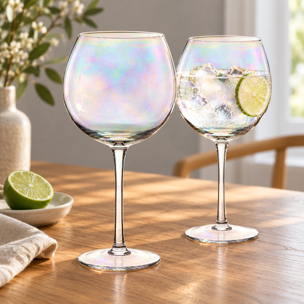 Set of two iridescent gin glasses on an oak table, one with gin and tonic, ice and lime