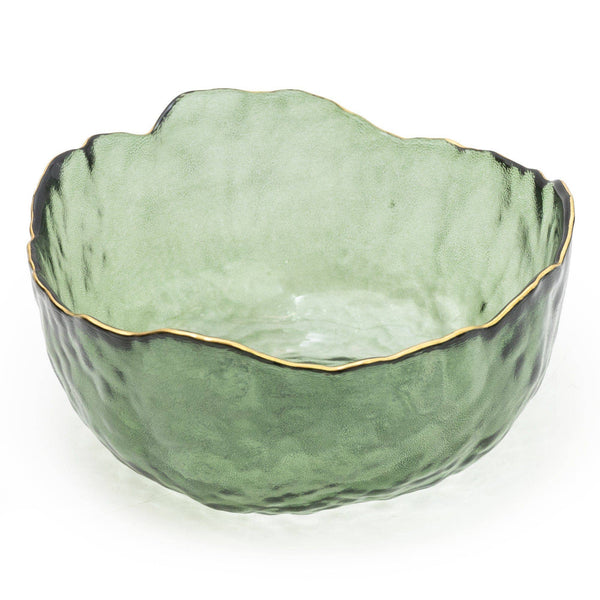 Large Green Glass Wavy Bowl With Gold Rim 20cm - Distinctly Living