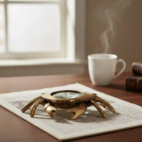 A brass magnifying glass designed to resemble a crab, with a clear lens in the center and a crab-like body, including legs and a tail, crafted in brass with a brownish patina.