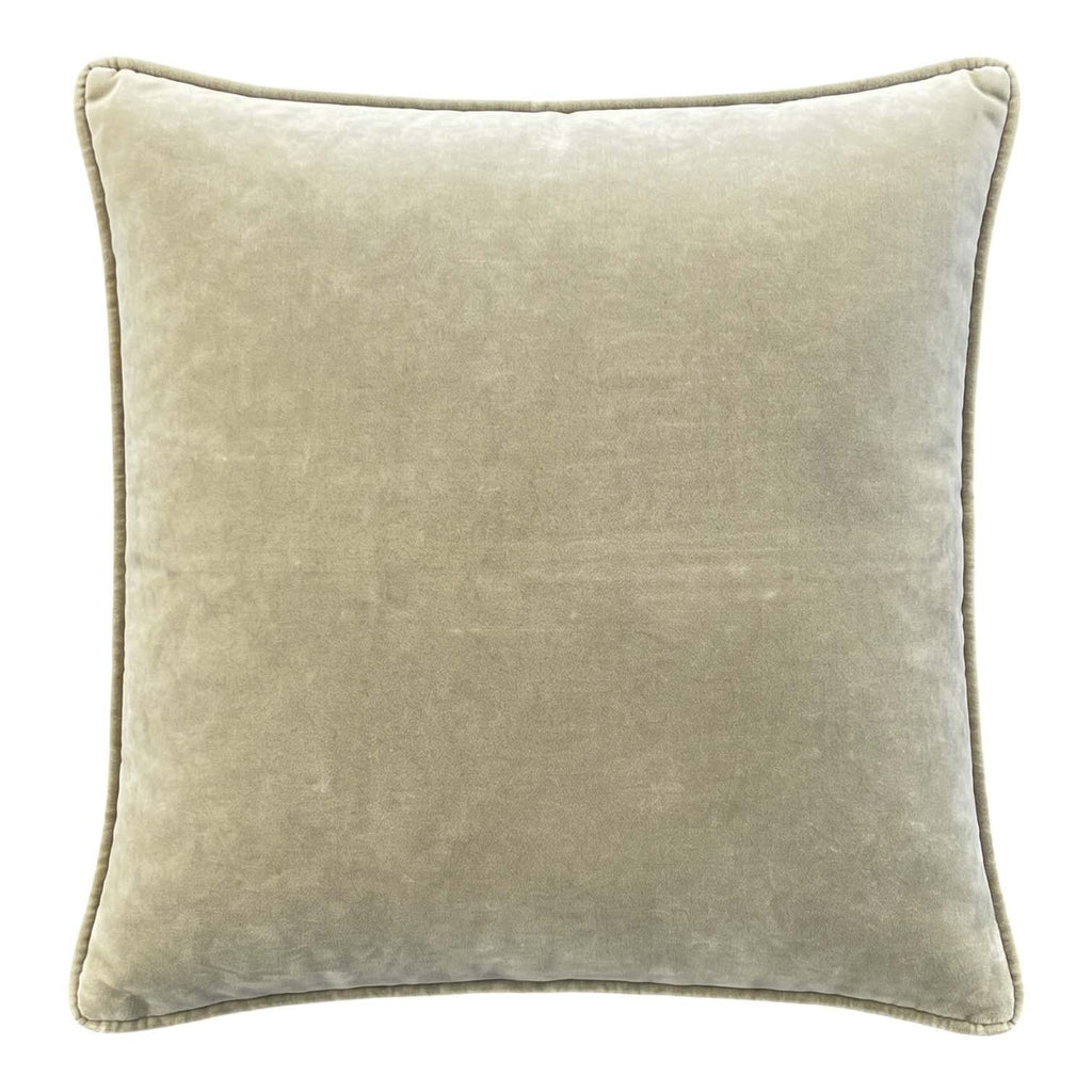 Liora sage velvet cushion showing the plain front and stitched edge