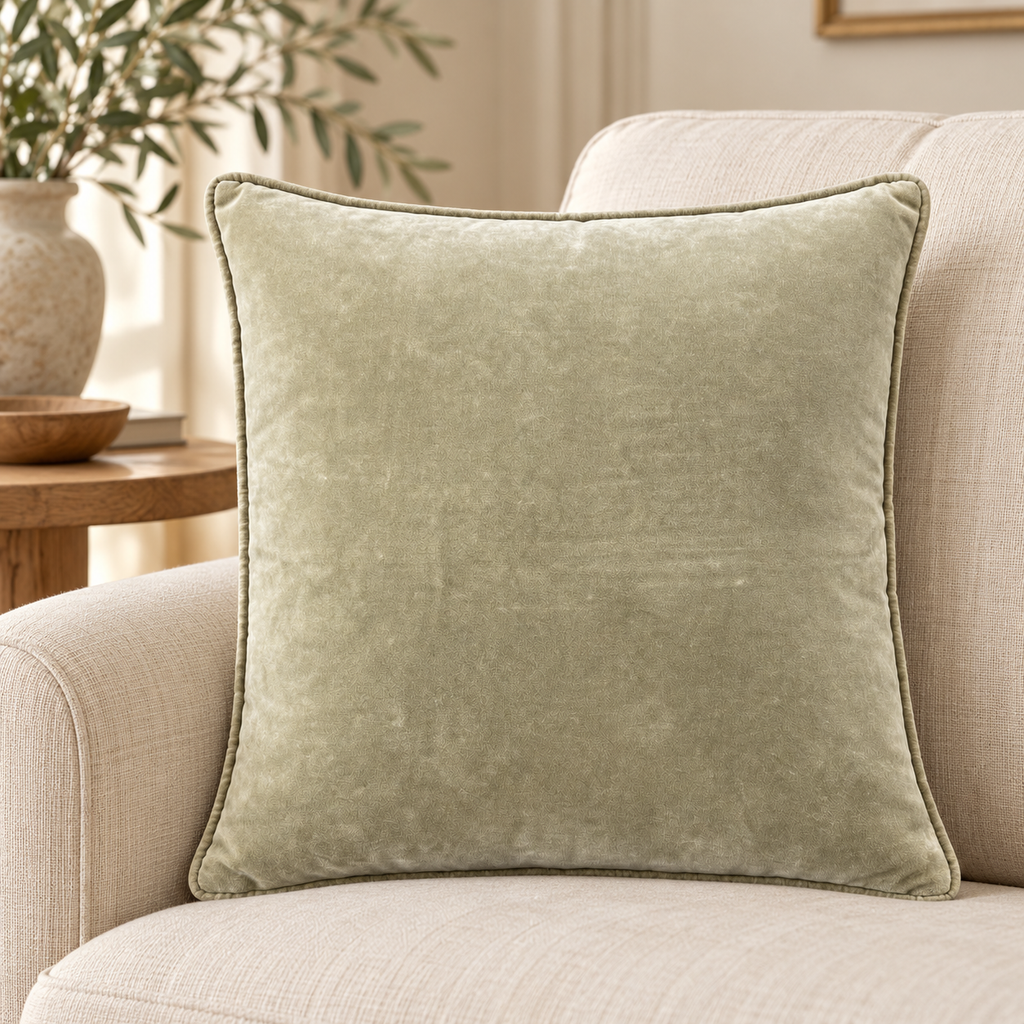 Liora sage velvet cushion on an ivory linen armchair