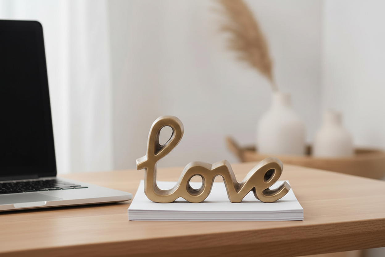 Love Brass Paperweight on Desk