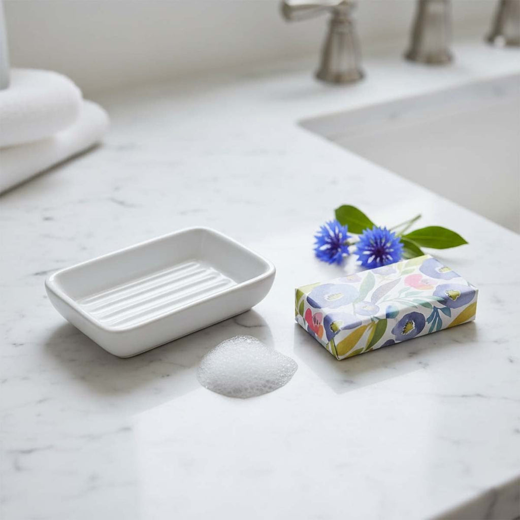 Scent of Provence soap in floral wrapping beside a white ceramic soap dish