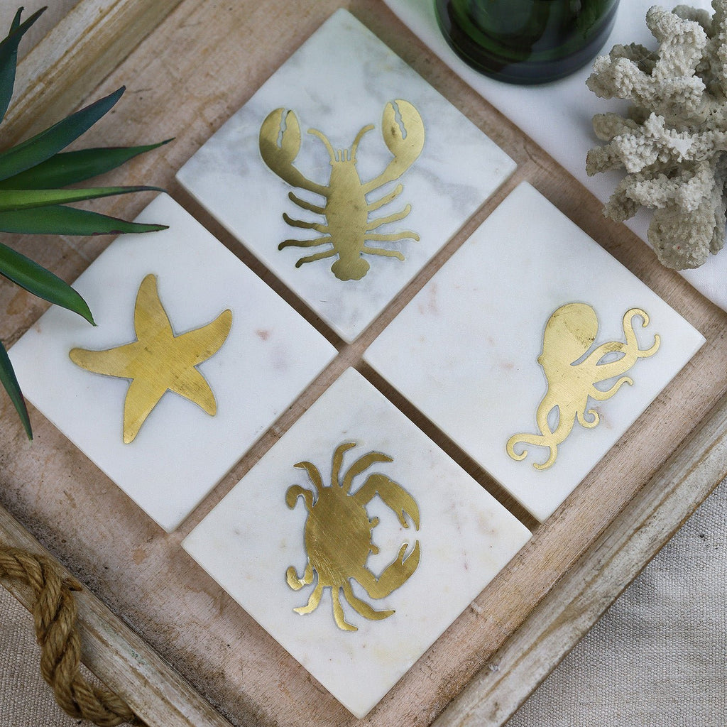 Marble Coasters with Brass Sea Life - Set of 4 - Distinctly Living