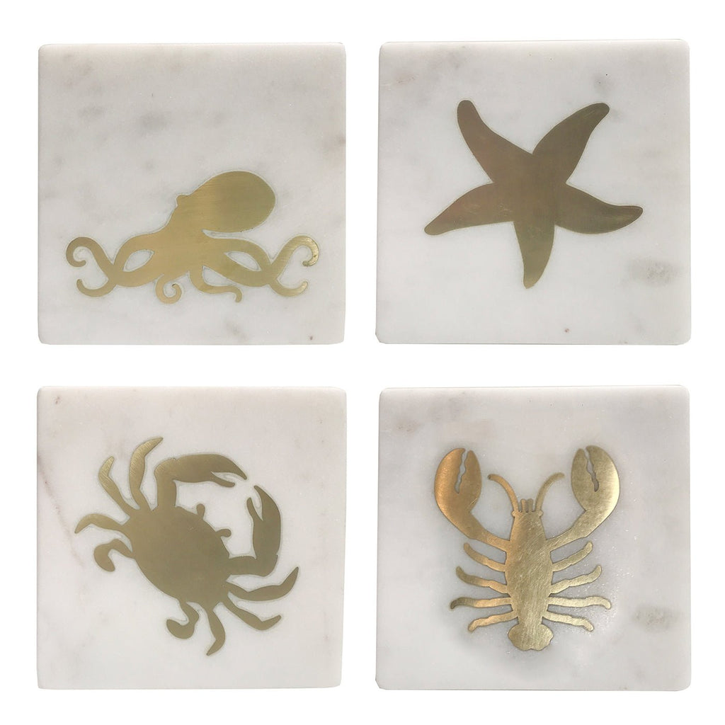 Marble Coasters with Brass Sea Life - Set of 4 - Distinctly Living