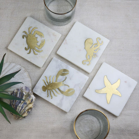 Marble Coasters with Brass Sea Life - Set of 4 - Distinctly Living