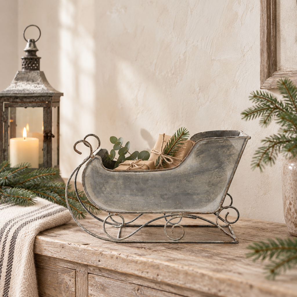 Margaux antique zinc Christmas sleigh styled with small gifts and greenery