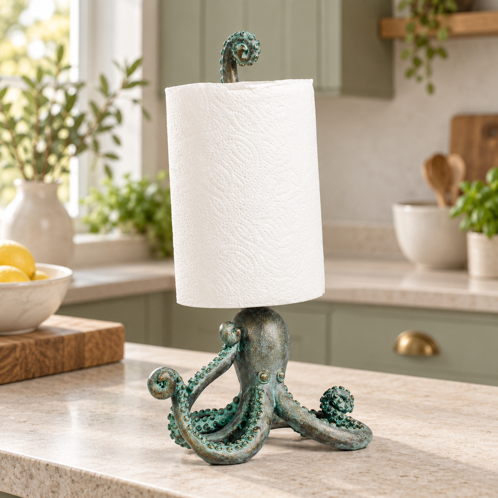 Maris teal octopus kitchen roll holder holding white kitchen paper on a pale stone worktop