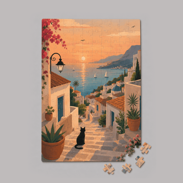 Mediterranean Sunset With Black Cat - Mini Jigsaw Puzzle - Distinctly Living