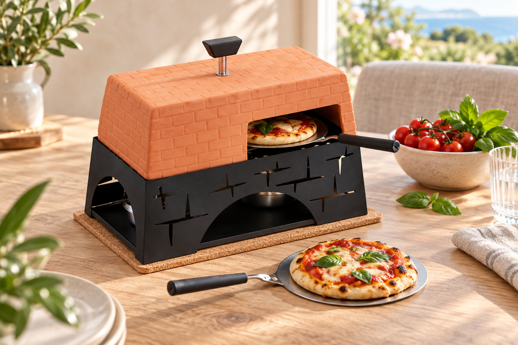Milan Mini Pizza Oven with terracotta cover and black stand, styled with miniature pizzas on a sunlit oak dining table