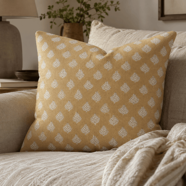 Natural Leaf Print Mustard Cushion - Distinctly Living
