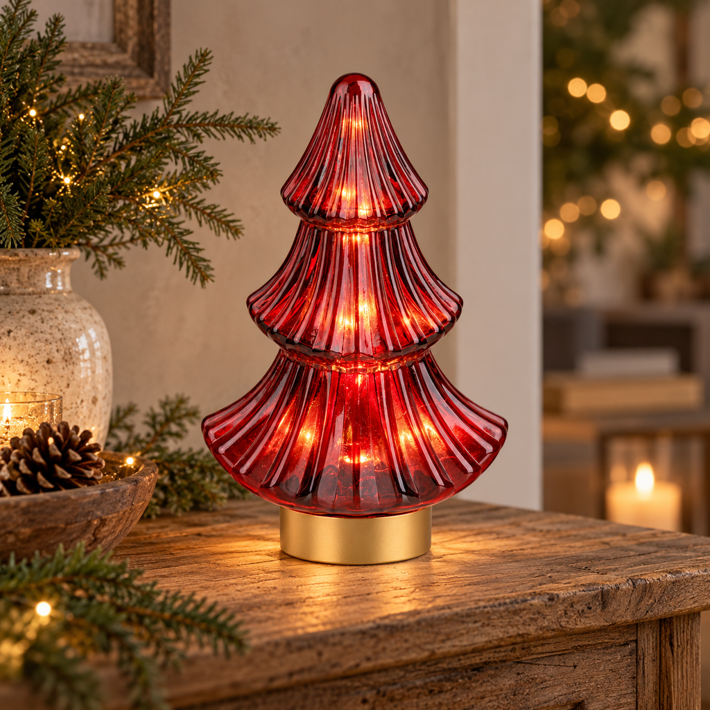 Noelle ribbed glass LED Christmas tree lamp red