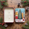 Nordhaven large Christmas candle tin showing two wicks and Nordic village lid